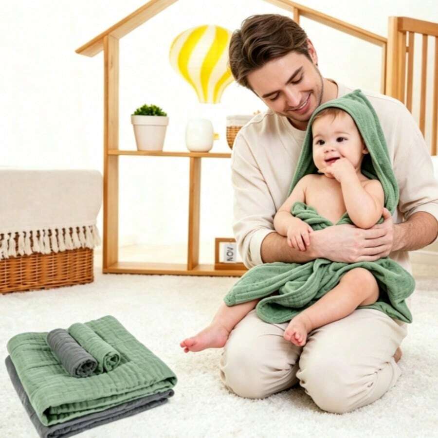 Class A Baby Hooded Bath Towel, Newborn Plain Gauze Bath Towel YG1S - màu xanh lá cây 1 cái - Xem 1
