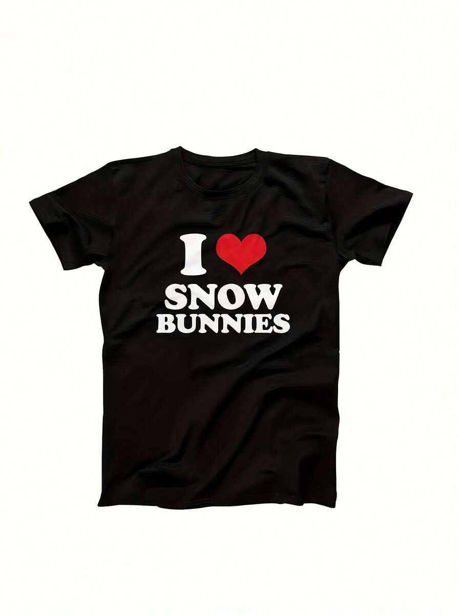 Herr T-shirt för Skid- och Snowboardåkning med Snökaninmotiv - 140g Vinter Sportkläder med "I Love Snow Bunnies"-tryck, Maskintvättbar Rundhalsad Casual Tröja Lämplig för Skidåkning, Snowboardåkning, Födelsedagspresenter till Skidentusiaster - Svart - Visa 1