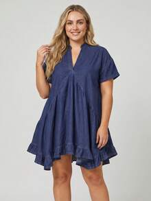 Women's  Plus Size Denim Dresses Fashion Short Sleeve V Neck Solid Color A Line Summer Swing Dress - Azul - Ver 4