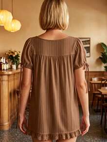 Coffee Women's A-Line Square Neck Puff Sleeve Babydoll Dress Lace Trim Ruffle Hem Dress Summer Casual Flowy Dress For Beach Vacation - 咖啡 - 查看 2