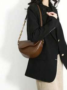 2026 New Retro Caramel Brown Molded Semi-Circle Flap Saddlebag, Versatile For Commute & Leisure, Fashionable Chain Strap Crossbody Bag - Brown - View 6
