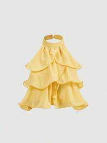 MOD Top corto con volantes multicapa en rosa, tops lindos, tops tubo para mujeres, forma elegante, top sin espalda, top para Año Nuevo, tops de fiesta para mujeres, top hombros descubiertos, blusa minimalista de mujer con botones frontales y tirantes anchos para uso diario, atuendos vintage, ropa de mujer, look para el Día de San Valentín - Amarillo - Ver 1