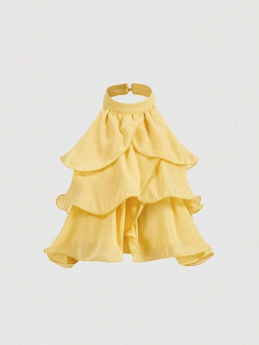 MOD Top corto con volantes multicapa en rosa, tops lindos, tops tubo para mujeres, forma elegante, top sin espalda, top para Año Nuevo, tops de fiesta para mujeres, top hombros descubiertos, blusa minimalista de mujer con botones frontales y tirantes anchos para uso diario, atuendos vintage, ropa de mujer, look para el Día de San Valentín - Amarillo - Ver 1