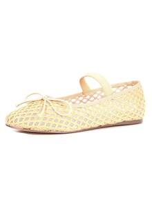 Ballet Flats For Womens Mesh Flat Breathable Closed Round Toe Bowknots Elastic Strap Party Dressy Dancing Casual Comfortable Raffia Ballerina Fishnet Shoes Chic Spring Summer Sandals For Ladies - 杏色 - 查看 4