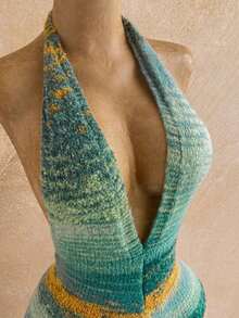 - Mono de punto con cuello halter sexy y escote en V profundo con efecto tie-dye para mujer - Naranja - Ver 10