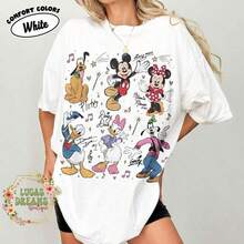 Disney Women's T-Shirt 1PC Licensed "Retro Musical‑Themed Mickey Minnie Donald Daisy Goofy Pluto With Hand‑Style Signatures" Cartoon Printed Oversized T‑Shirt, Short Sleeve Tee For Disney Travel, Vacations & Daily Wear. 2026 New Style, Unisex Fit Ideal For Women's Outfits & Family Matching Trips. High‑Quality Cotton Fabric, Soft & Breathable. Whimsical Doodle‑Style Print With Music Notes, Hearts And Star Accents, Perfect Gift For Disney Lovers. - trắng - Xem 7