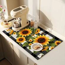 1pc Dish Drying Mat, Coffee Machine Mat, Kitchen Counter Draining Pad, Highly Absorbent & Quick Dry, Black & White Checkered Sunflower & Bee Pattern, Suitable For Dining Table, Cafe, Bar Counter, Bowls & Utensils Drying, Multi-Purpose Drainage Mat, Home Gift, Tabletop Decor - XYLSD-406 - View 3