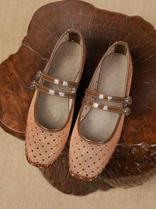 New Pentagram Hollow Mary Jane Shoes, Breathable Non-Stuffy Granny Shoes, Spring/Summer/Autumn, Slip-On Ballet Shoes - Orange - View 3