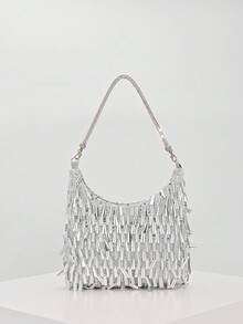Elegant Shiny Solid Color Pendant Patchwork Handbag, Fashion Retro Chain Shoulder Bag, Mini Clutch Purse, Suitable For Party Girls, Brides, College Students, Career Women, Perfect For Party, Wedding, Matching Accessories, Pattern Randomly Sent - Silver - View 4