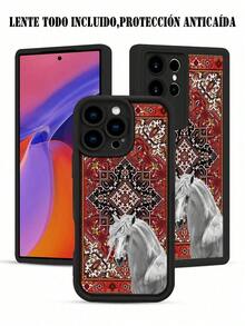 1 pieza funda de teléfono con diseño de caballo blanco sobre fondo de alfombra ornamental en tonos rojos y dorados, estilo clásico y elegante ideal para amantes del arte tradicional y lo sofisticado, TPU suave, protección completa antiimpacto y antideslizante, compatible con iPhone17 ProMax/16/15/14/13/12/11/Plus/Pro/ProMax, compatible con Galaxy A34/A35/A54/A55, Galaxy S20/S21/S22/S23/S24/S25 Ultra/Plus, compatible con Galaxy/Redmi/Honor/OPPO/ViVo - Negro - Ver 9