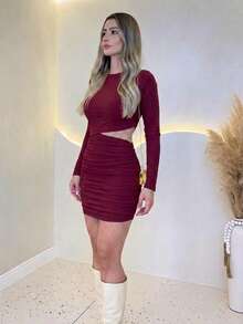 Women's Elegant Long Sleeve Pleated Dress In Suplex 36 To 40 In Solid Color For Winter And Summer (Brown, Large) - Redwood - View 1