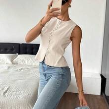 Fashion Women's Clothing  Camisas sin mangas de unicolor de tela texturizada con abotonadura, para verano - Azul - Ver 6