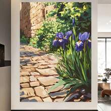 Enmarcado Póster de sendero de jardín,  de flores de iris, arte mural vintage, decoración clásica, pintura mural artística, ideal para regalo, decoración del hogar y dormitorio, adecuado para dormitorio, sala de estar, 1 pieza , plano 2D, perfecto para la decoración de la habitación. - Enmarcado - Ver 4