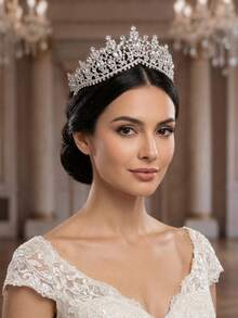 1pc Elegant Crystal Bridal Crown, Silver Rhinestone Princess Hair Accessory For Wedding, Prom, Birthday Party - Silver - View 2