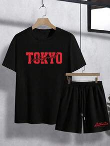 Plus Size 2pcs Set: Men's Tokyo Underground Racing Print T-Shirt & Shorts 2pcs Set, Casual Crew Neck T-Shirt & Drawstring Shorts Set - Black - View 3