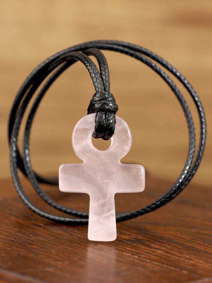 Yumfeel Natural Rose Quartz Ankh Cross Necklace Bohemian Unisex Style Handwoven Everyday Wear Festive/Birthday Gifts Life Symbol Pendant