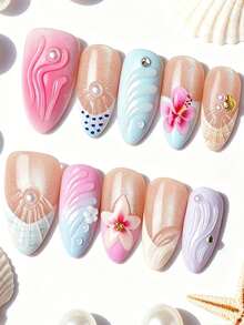 10pcs Medium Almond Nail Stickers, Macaron Multi-Color Design Acrylic Nail Art Decals, 3D Floral, Shell Pattern & Pearl Accents, Fresh Summer Island Vibe, Suitable For Women's Vacation, Party And Daily Wear, Removable And Reusable Nail Accessories Nails - Multicolor - View 2