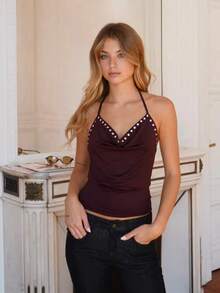 Womens Rivets Studded Halter Neck Plunge Cami Top Self-Tie Spaghetti Straps V-Neck Cut Out Front Crop Tank Top Camisole Vest Y2K Streetwear Party Tops - F214542-棕色 - 查看 2
