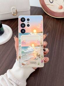 1pc White TPU Phone Case With Sunset Beach Wave Handpainted Pattern, 1pc White Adhesive Card Holder With Sunset Beach Wave Handpainted Pattern, 2-In-1 Set, Healing Fresh Gentle Style, Fashionable Versatile Creative Full-Covered Phone Case, Suitable As Gift For Girlfriend/Boyfriend, Best Friend/Sibling, Wife/Husband, Compatible With Samsung/ Phones, Galaxy S26/S25/S24 Ultra/S24/S23 Ultra/S23 Cases - Multicolor - View 3