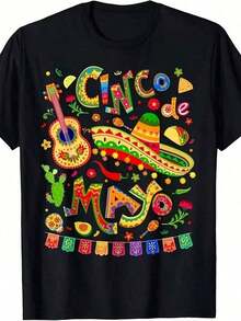 Men's And Women's T-Shirt And Hoodie, Mexican Cinco De Mayo Fiesta Style, Same Style For Women, Summer 2026 Short Sleeve Printed T-Shirt, Vintage Style, Crew Neck, Regular Fit, Perfect For Adults - 白色 - 查看 1