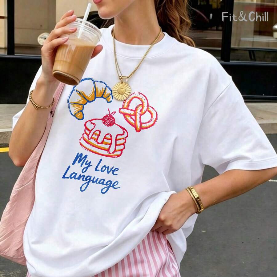 Women's T-Shirt Croissant Pretzel Pancakes Raspberry Syrup Short Sleeve Crew Neck Casua Suitable For Spring And Summer - White - View 1