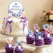 35pcs/24pcs/1pc Purple Butterfly Happy Birthday Cake Cupcake Topper With Ribbon Set, Girls Birthday Party Cake Decoration - Multicolor - View 2