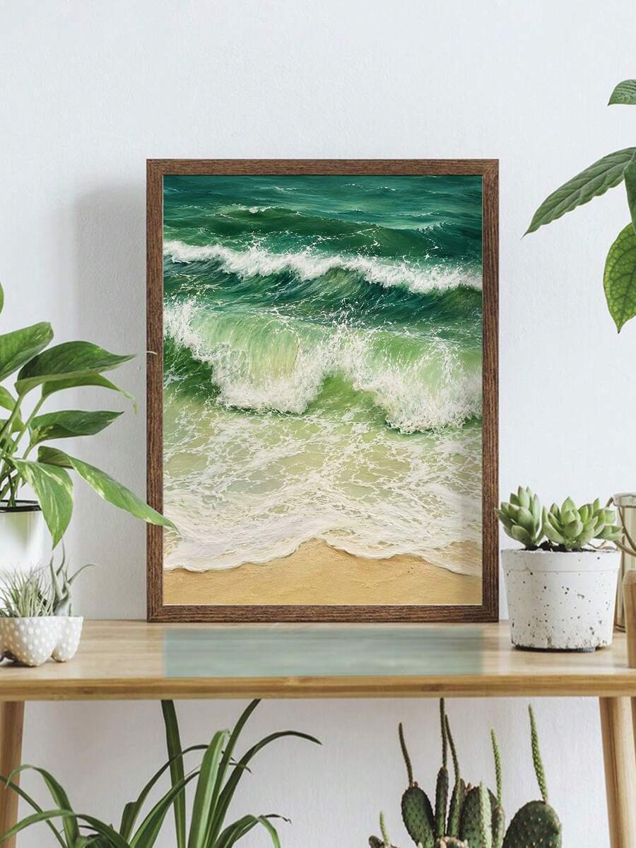 1件碎浪帆布壁畫,現代海岸風景印畫,漸層綠色海灘牆飾,海邊療癒放鬆繪畫,適合浴室、客廳裝飾 - 彩色 - 查看 1