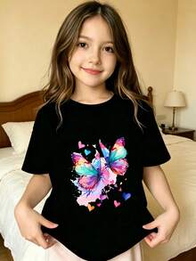 Corazones de Mariposa con Estampado de Patrón Colorido Camiseta estampada para niños - Negro - Ver 7