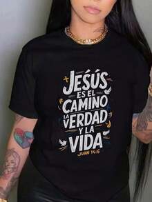 Women's T-Shirt With Creative Print, Fashion For All Four Seasons, Simple, Casual, Comfortable, Popular, Soft, For Fitness, Daily Outdoor Sports, Versatile Style For All Seasons, Short Sleeve T-Shirt With Breathable Round Neck, 100% Pure Cotton, Bohemian Style. - 黑色 - 查看 6