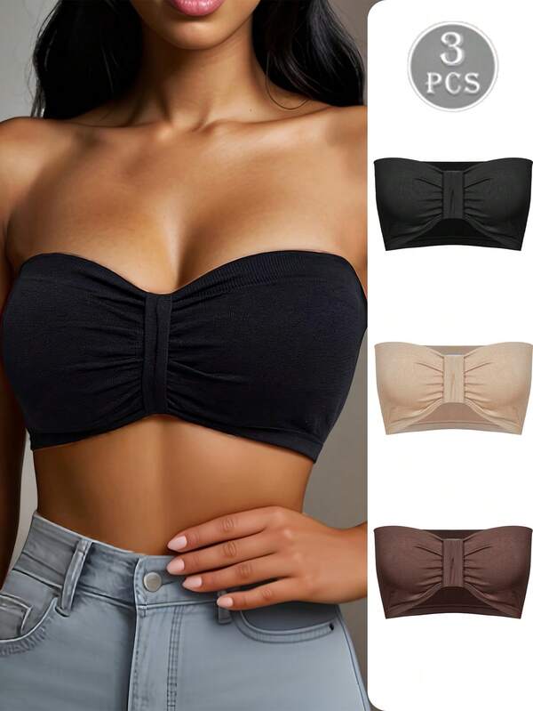 3pcs/Set Wireless Bandeau Bra, Front Ruched Hollow Design, Seamless Comfortable