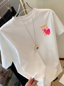 Camisetas de verano, informales, de corte holgado para mujer con estampado de corazón y eslogan, de algodón blanco, cuello redondo holgado, manga corta, estilo Y2K, casual, para todas las estaciones, para uso diario, camisetas de verano - Blanco - Ver 2