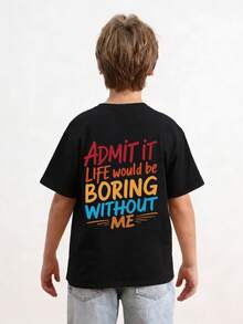 Tween Boy-Slogan Print T-Shirt, Suitable For Boys Outdoor Sports, Boys Spring/Summer Casual Versatile Top - Black - View 3