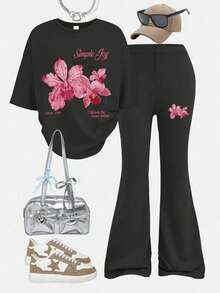 2pcs Girls Casual Happy Print Set, Soft Short Sleeve Top And Flare Pants, Summer Outfit For Girls - Black - View 2