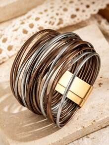 Bohemian Style PU Leather Multi-Layer Women's Bracelet For Outfit Matching - Gray and Brown Mixed Colors - View 5