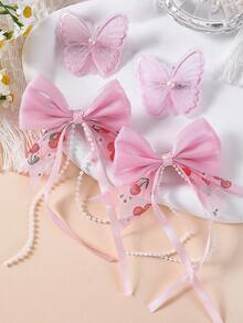 8/8/16pcs Girls Multicolor Tulle Chiffon Fabric Faux Pearl Flower Hair Clips Bow Tassel Ribbon Hair Accessories Headwear Top Clip Back Clip Side Clip Alligator Hair Clip For Daily Use - Multicolor - View 4