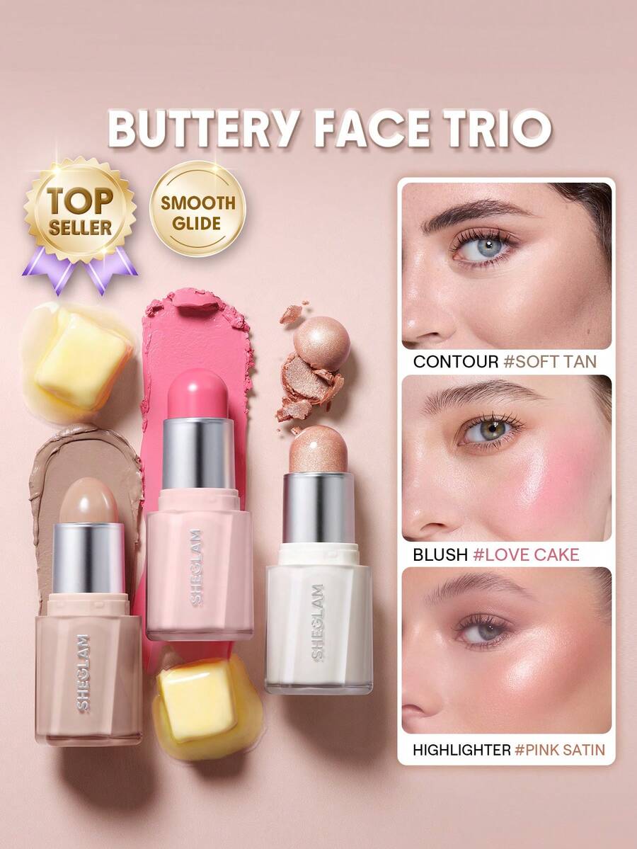 SHEGLAM [3 Pcs] Buttery Bundle Family 全臉妝容組合 品牌美妝化妝品 適合女士與女孩 - 愛心蛋糕+柔和棕褐色+粉紅色緞子 - 查看 1