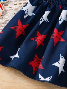 2pcs/Set Girls' Cute Sweet Bowknot Decor Star Print Camisole Top & Ruffle Hem Shorts Set - Dark Wash - View 7