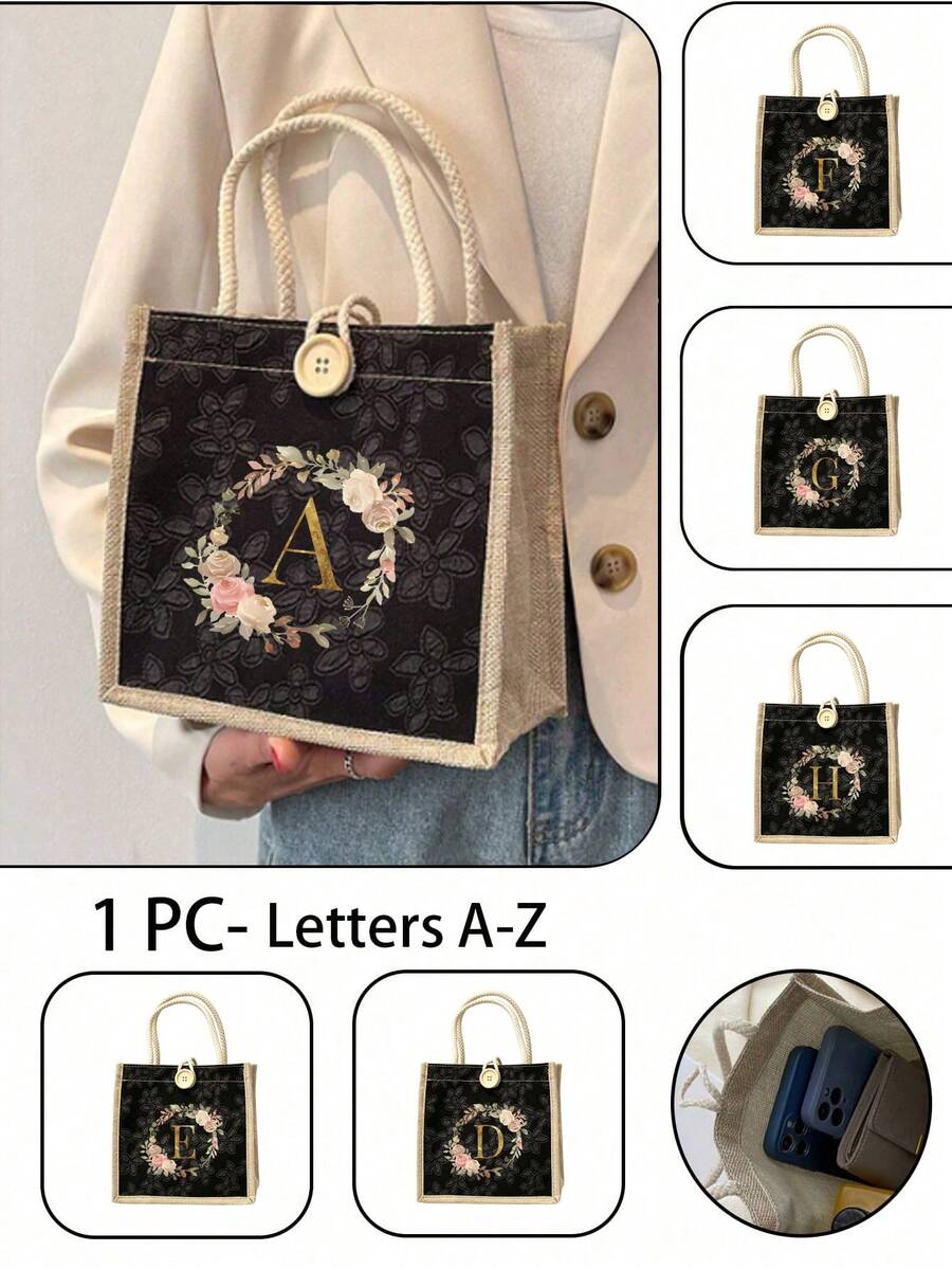 1个简约字母印花帆布手提袋,多功能便携教师手提包,女士礼物,毕业礼物,字母图案礼品袋,大容量印花女士手提包,可重复使用购物袋,适合日常使用、度假、通勤、旅行 - 彩色 - 查看 1