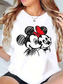 Minnie Mouse Sketch Print Disney Women T Shirt Round Neck Short Sleeve Casual Everyday Wear Summer Holiday Soft Comfortable 220g - trắng - Xem 1