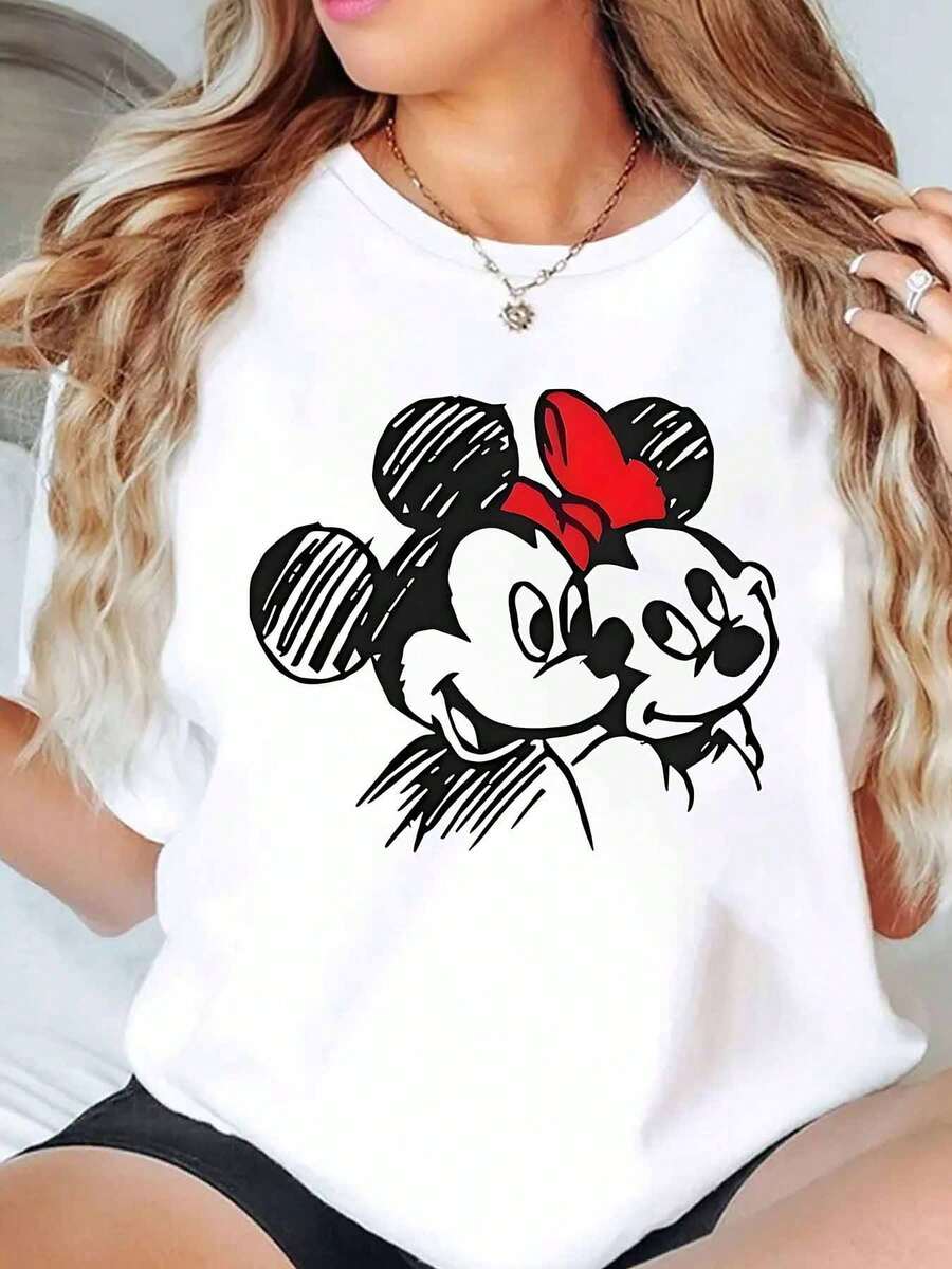 Minnie Mouse Sketch Print Disney Women T Shirt Round Neck Short Sleeve Casual Everyday Wear Summer Holiday Soft Comfortable 220g - trắng - Xem 1