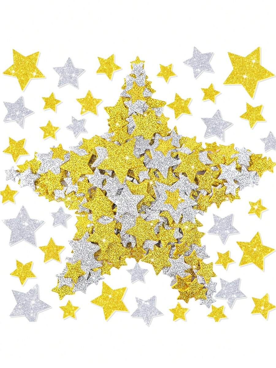 200/100pcs Gold And Silver Star EVA Stickers, Self-Adhesive Star Stickers In Various Sizes, Perfect For Classroom Rewards, Crafting, Card Decoration, Etc. - Gold and Silver - View 1