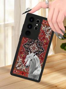 1 pieza funda de teléfono con diseño de caballo blanco sobre fondo de alfombra ornamental en tonos rojos y dorados, estilo clásico y elegante ideal para amantes del arte tradicional y lo sofisticado, TPU suave, protección completa antiimpacto y antideslizante, compatible con iPhone17 ProMax/16/15/14/13/12/11/Plus/Pro/ProMax, compatible con Galaxy A34/A35/A54/A55, Galaxy S20/S21/S22/S23/S24/S25 Ultra/Plus, compatible con Galaxy/Redmi/Honor/OPPO/ViVo - Negro - Ver 8