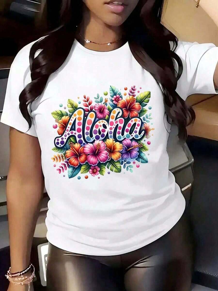 Women's Aloha Floral T-Shirt - Hawaiian Style, Short Sleeve, Crew Neck, Vibrant Tropical Print, Lightweight Blend, Perfect For Beach Parties And Summer Casual Wear, Beach Party Clothes, Aloha Clothing, 100% Cotton Blend Fabric - 白色 - 查看 1