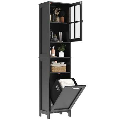 67.5" Tall Bathroom Cabinet With Laundry Basket – Slim Freestanding Storage Unit With Clear Acrylic Door & Open Shelves – White