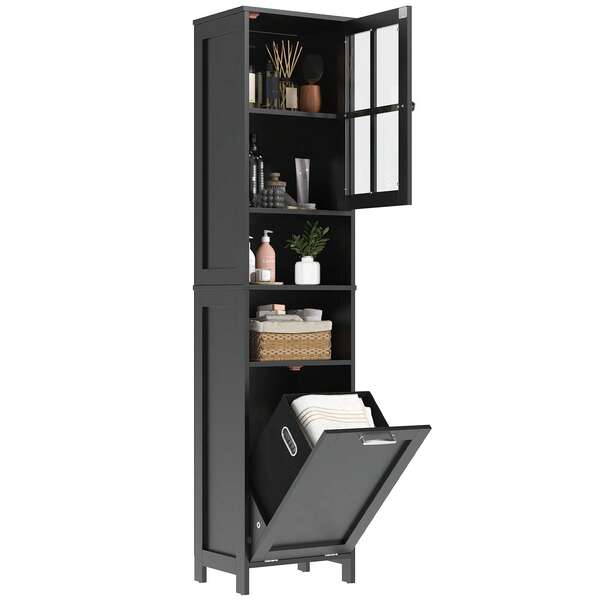 67.5" Tall Bathroom Cabinet With Laundry Basket – Slim Freestanding Storage Unit With Clear Acrylic Door & Open Shelves – White