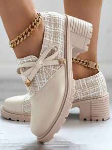 New Women's High Heels, Formal Style, Thick Plaid & Patchwork Details Design, Decorated With Bow And Chunky Heel, Creating A Retro Formal Shoes, Suitable For Parties And Holidays - Beige - View 4