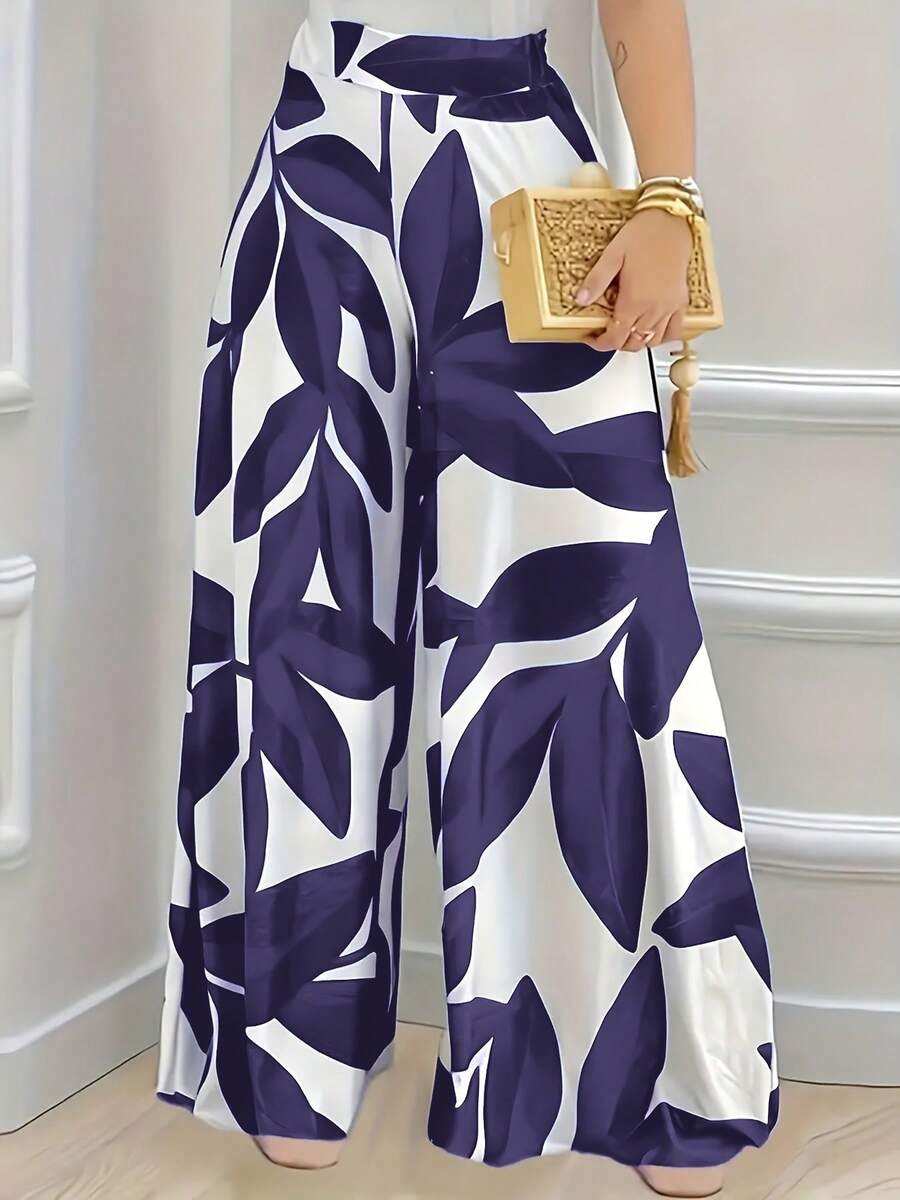 Stylish And Fashionable Printed Wide-Leg Trousers - Blue Violet - View 1