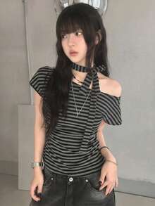 Áo thun ngắn tay cổ tròn, buộc dây, kẻ sọc, thiết kế thắt eo, dáng ôm, màu đen mùa hè. - màu đen - Xem 5