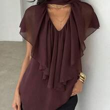 Camisa de oficina elegante de mujer con cuello en V, mangas con volantes de gasa en color marrón - Marrón - Ver 7