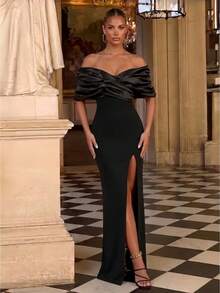 1pc Sleeveless Sexy Slit Ruched Solid Color Bodycon Dress, Cocktail Semi Formal Prom Dress, For Birthday, Wedding Guest, Graduation, Dinner, Homecoming Party Dress Evening Dress,Gown Spring Black - Black - View 1